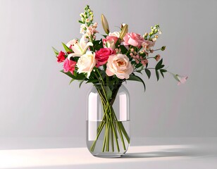 Fototapeta premium Translucent Plastic Vase with Vibrant Flowers and Water Reflections on Soft Gray Background