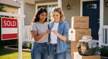 Proud lesbian couple standing at the entrance of their new home, holding the house keys on moving day
