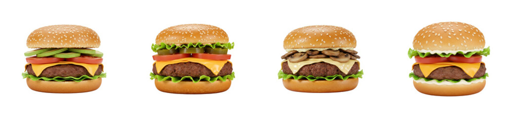 Delicious burger varieties fast food restaurant series studio setting food isolated set PNG