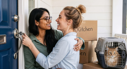 Happy lesbian couple opening the door to their new home for the first time during their moving day, with cardboard boxes and cat behind