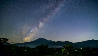 A breathtaking view of the Milky Way arching over a mountain range at night.