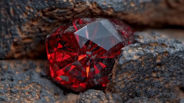 Glowing red gemstone in rough rock formation. Ancient artifact discovery. Precious stone excavation. Archeological find. Treasure hunting concept.