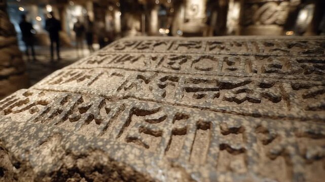 Ancient stone with cuneiform inscriptions in museum. Mesopotamian artifact exhibit. Archaeological discovery of early writing system. Historical preservation of Sumerian culture.