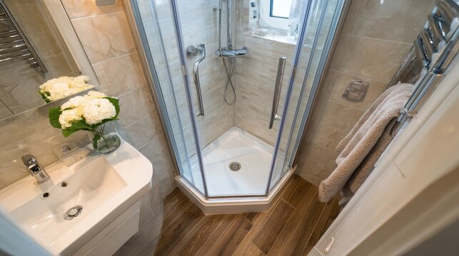 Modern bathroom design featuring a sleek shower unit, elegant sink, and stylish decor for luxurious home interiors