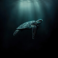 Fototapeta premium Turtle emerging from the deep sea, dark mysterious background, gentle ambient light illuminating textures, cinematic wildlife photography, ultra-high resolution 