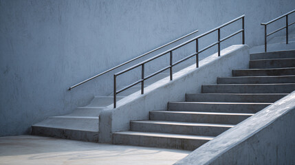 Fototapeta premium close-up of smooth concrete ramp with metal railings under soft daylight, neutral contemporary architectural style