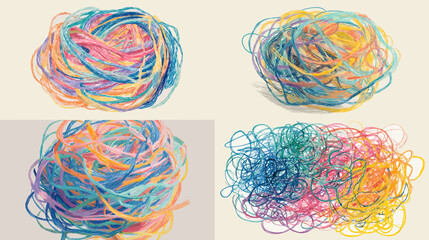 Vibrant rainbow colored tangled yarn strings abstract illustration, symbolizing chaos, creativity, and messy playful energy in artistic composition.