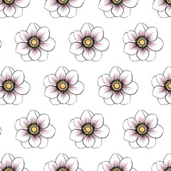 Japanese Anemone flower Seamless Pattern Hand drawn vector line art, Black and Orange colors Flower isolated in white. Beautiful design for textile, wallpaper, wrapping paper