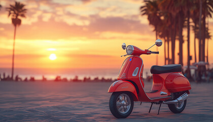  Retro-toned scene with a classic red Scooter parked on Italian wide sandy beach parking lined with palm trees. Golden late-afternoon sunlight casts soft shadows, creating warm nostalgic vibes
