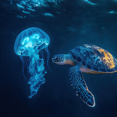 Turtle gracefully swimming near a glowing jellyfish, surreal and mesmerizing, vibrant ocean colors, cinematic marine photography, ultra-detailed composition 
