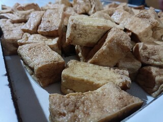 Close-Up of Fried Tofu Cubes Traditional Asian Food