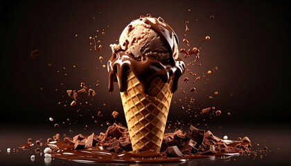 A delectable chocolate ice cream cone, dripping with melted chocolate, explodes with flavor in a rich brown and beige presentation.