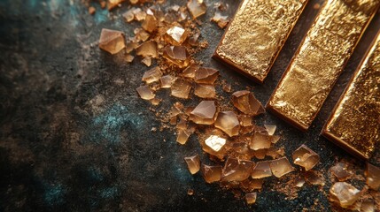 Golden-toned rectangular shapes and shards of crystal-like pieces on a dark surface.