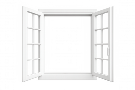 Open window frame letting light in, isolated on transparent background, perfect for architectural visualization or interior design projects