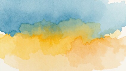 abstract watercolor painting, blue yellow beige, soft blended colors, vivid watercolor wash, bright artistic texture, fluid watercolor strokes, sandy beige tones, deep sky blue, luminous yellow blend