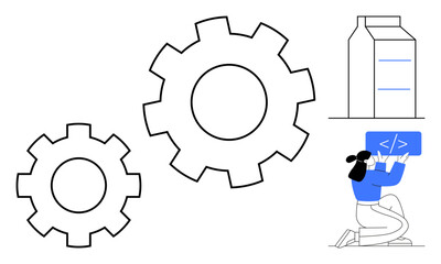 Woman writing code with gears and server tower representing programming, development, automation, technology, system integration, and problem-solving. Ideal for tech services, IT companies