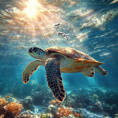 Fototapeta premium Turtle swimming gracefully in crystal-clear tropical waters, vibrant coral reef below, sunlight filtering through the waves, ultra-detailed textures, cinematic underwater photography 