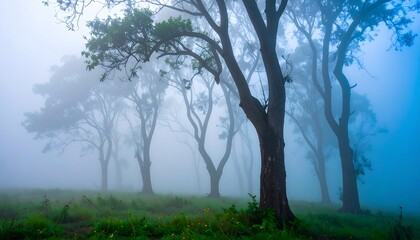 A serene, misty landscape unfolds with towering trees silhouetted against a soft, ethereal light.