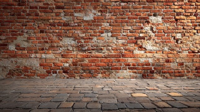 Textured Red Brick Wall Background with Rough Surface and Stone Floor Ideal for Urban and Rustic Themes