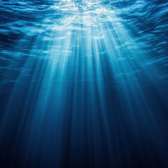 Underwater light beam blur, deep ocean blues illuminated by glowing white sun rays, ethereal and peaceful fine art composition 