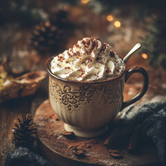 Velvety hot chocolate topped with whipped cream and cocoa powder, rich warm tones, cozy winter setting, soft natural lighting, cinematic fine art photography, ultra-detailed textures 