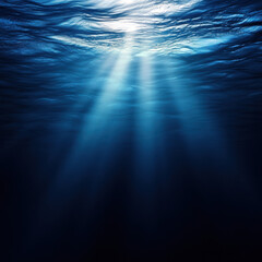 Underwater light beam blur, deep ocean blues illuminated by glowing white sun rays, ethereal and peaceful fine art composition 