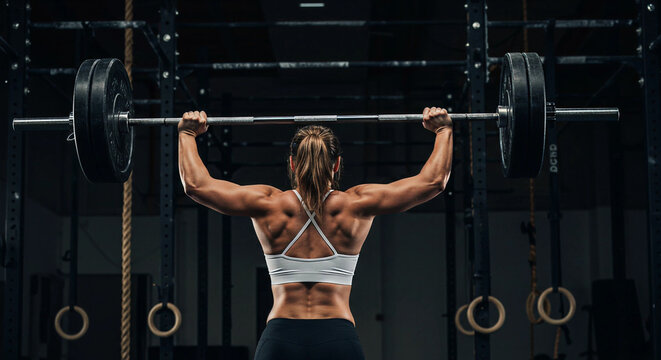 Athletic woman performing weightlifting exercise in gym, showing muscular back strength and determination during overhead barbell lift.