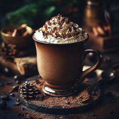 Velvety hot chocolate topped with whipped cream and cocoa powder, rich warm tones, cozy winter setting, soft natural lighting, cinematic fine art photography, ultra-detailed textures 