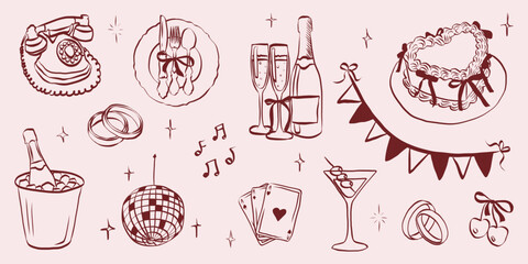 Hand drawn coquette wedding elements. Vintage cute symbols with ribbon and bow in simple crayon sketch style. Trendy art for Valentine day and bachelorette invitations. Outline vector illustration