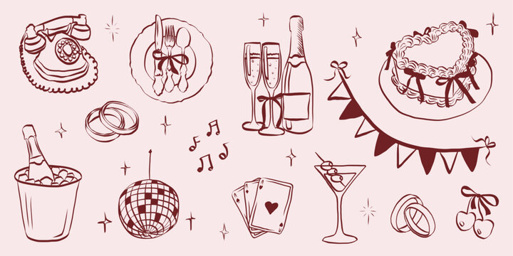 Hand drawn coquette wedding elements. Vintage cute symbols with ribbon and bow in simple crayon sketch style. Trendy art for Valentine day and bachelorette invitations. Outline vector illustration