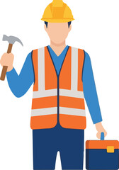 Vector illustration of a male construction worker wearing a hard hat and safety vest, holding a hammer and toolbox. Professional builder or handyman character for industrial concepts