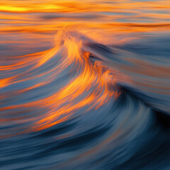 Vibrant sunset ocean blur, rich oranges and deep blues melting together in a fluid wave pattern, breathtaking and serene fine art composition 