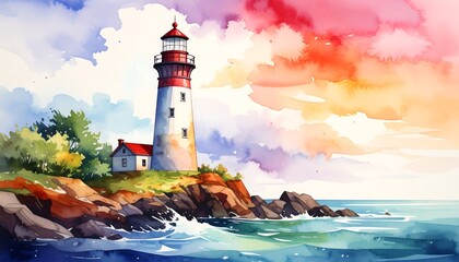 A picturesque lighthouse stands tall against a vibrant, colorful sunset sky over a rocky coastline.