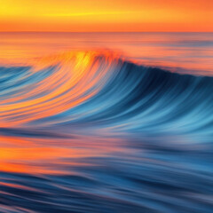 Vibrant sunset ocean blur, rich oranges and deep blues melting together in a fluid wave pattern, breathtaking and serene fine art composition 