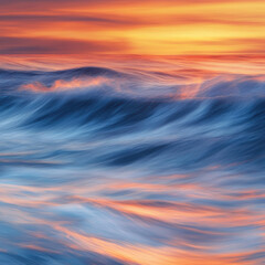 Vibrant sunset ocean blur, rich oranges and deep blues melting together in a fluid wave pattern, breathtaking and serene fine art composition 