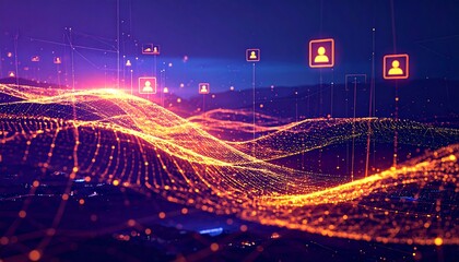 Abstract digital landscape with glowing orange and yellow lines and user icons against a dark blue background
