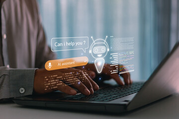 AI virtual assistant chatbot interface on laptop screen, futuristic technology concept for customer service, business communication and digital transformation with artificial intelligence solutions.