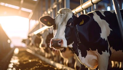 A close-up view of a black and white cow in a farm barn, bathed in warm sunlight.