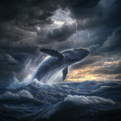 Whale breaching in a stormy ocean, dark clouds overhead, lightning illuminating the water, cinematic and dramatic fine art wildlife photography, ultra-detailed realism 