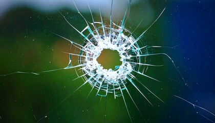 A shattered pane of glass, displaying a circular breakage pattern against a backdrop of contrasting green and blue hues.