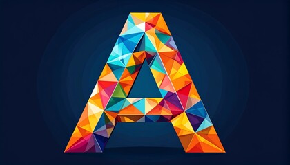 Vibrant, geometric letter "A" constructed from multicolored, interlocking triangles against a dark backdrop.