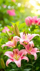 Fototapeta premium Lush pink lilies in a garden setting