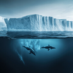 Whale pod swimming near towering icebergs, soft mist rising from the water, serene and breathtaking fine art marine photography, ultra-detailed realism, cinematic composition 
