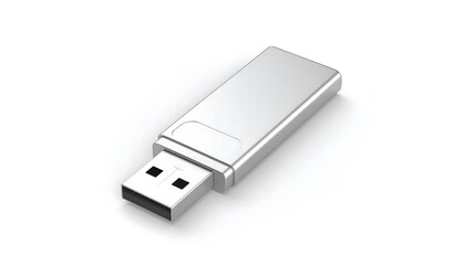 A metallic gray usb flash drive rests on a plain white background.