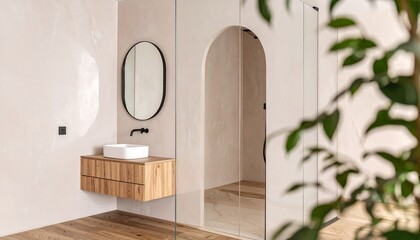 A minimalist, modern bathroom featuring a light beige and wood tones, a black oval mirror, and a floating vanity.