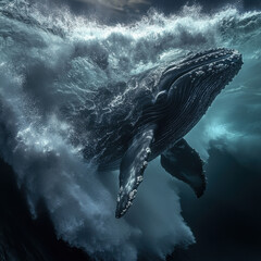 Whale swimming under a massive rolling wave, translucent water revealing its powerful form, breathtaking fine art marine wildlife photography, ultra-realistic textures 