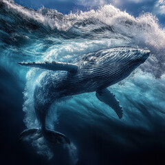 Whale swimming under a massive rolling wave, translucent water revealing its powerful form, breathtaking fine art marine wildlife photography, ultra-realistic textures 