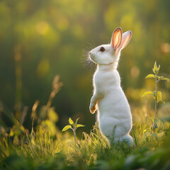 White rabbit standing on its hind legs in a lush green meadow, soft bokeh background, warm natural lighting, ultra-detailed wildlife photography, fine art composition 