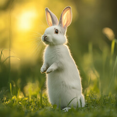 White rabbit standing on its hind legs in a lush green meadow, soft bokeh background, warm natural lighting, ultra-detailed wildlife photography, fine art composition 