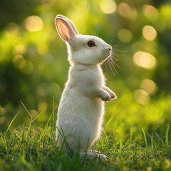 White rabbit standing on its hind legs in a lush green meadow, soft bokeh background, warm natural lighting, ultra-detailed wildlife photography, fine art composition 
